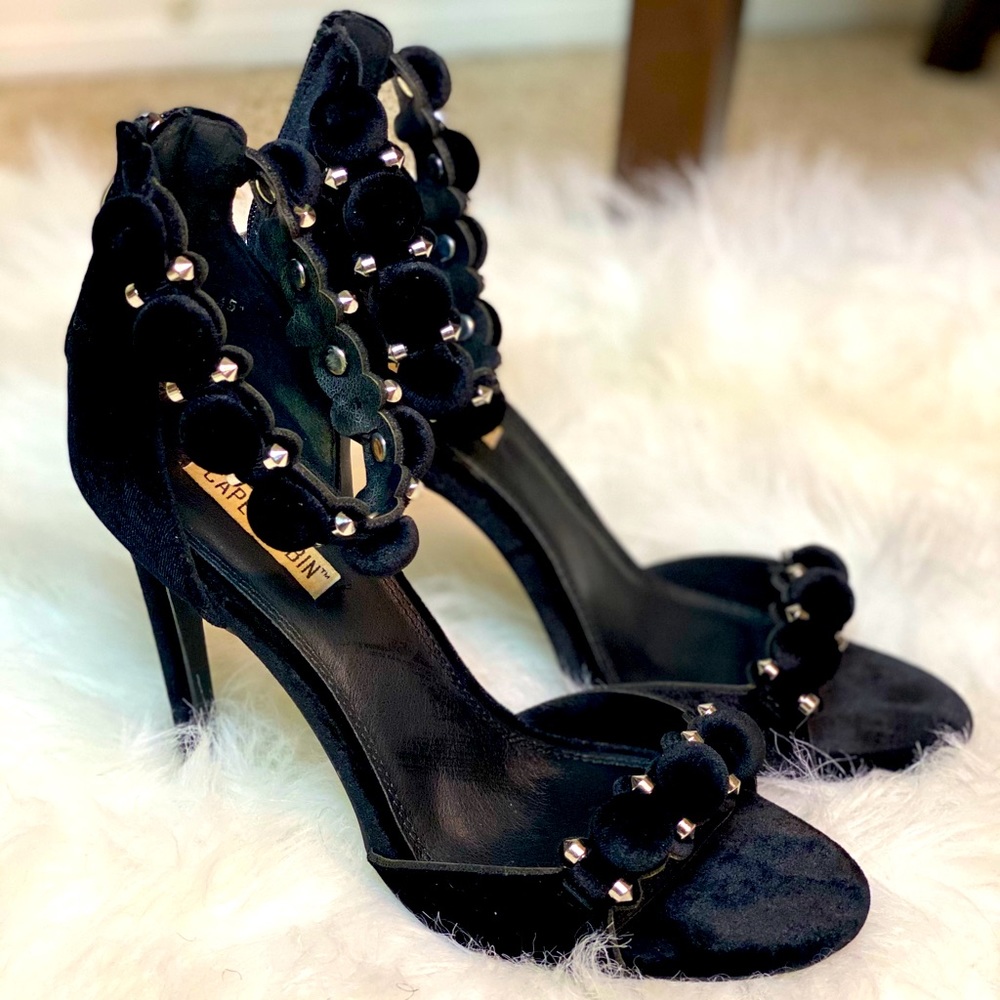 black suede embellished heels.